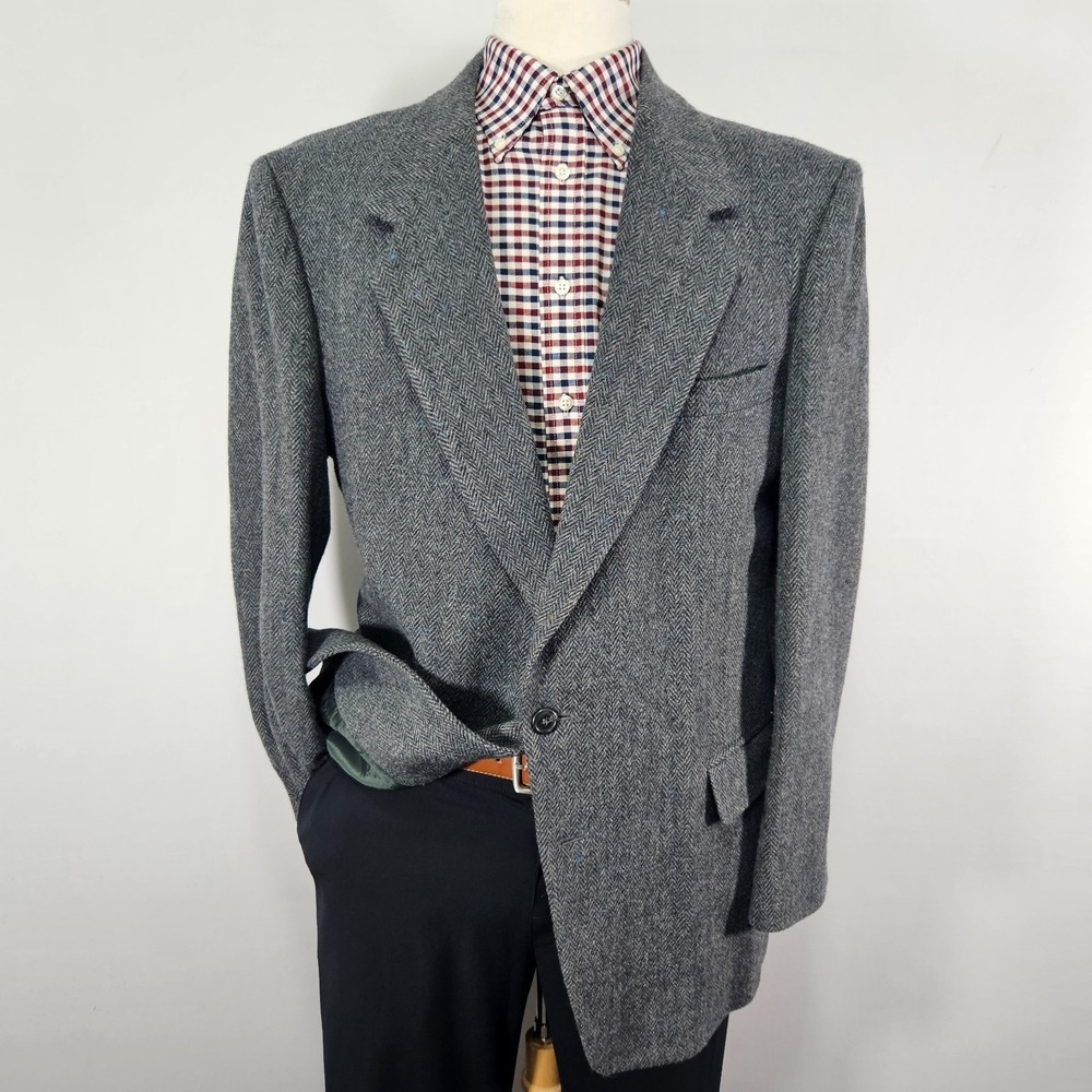Town Craft Men's Tweed Sport Coat Two Button Gray Herringbone Wool Nylon 44L